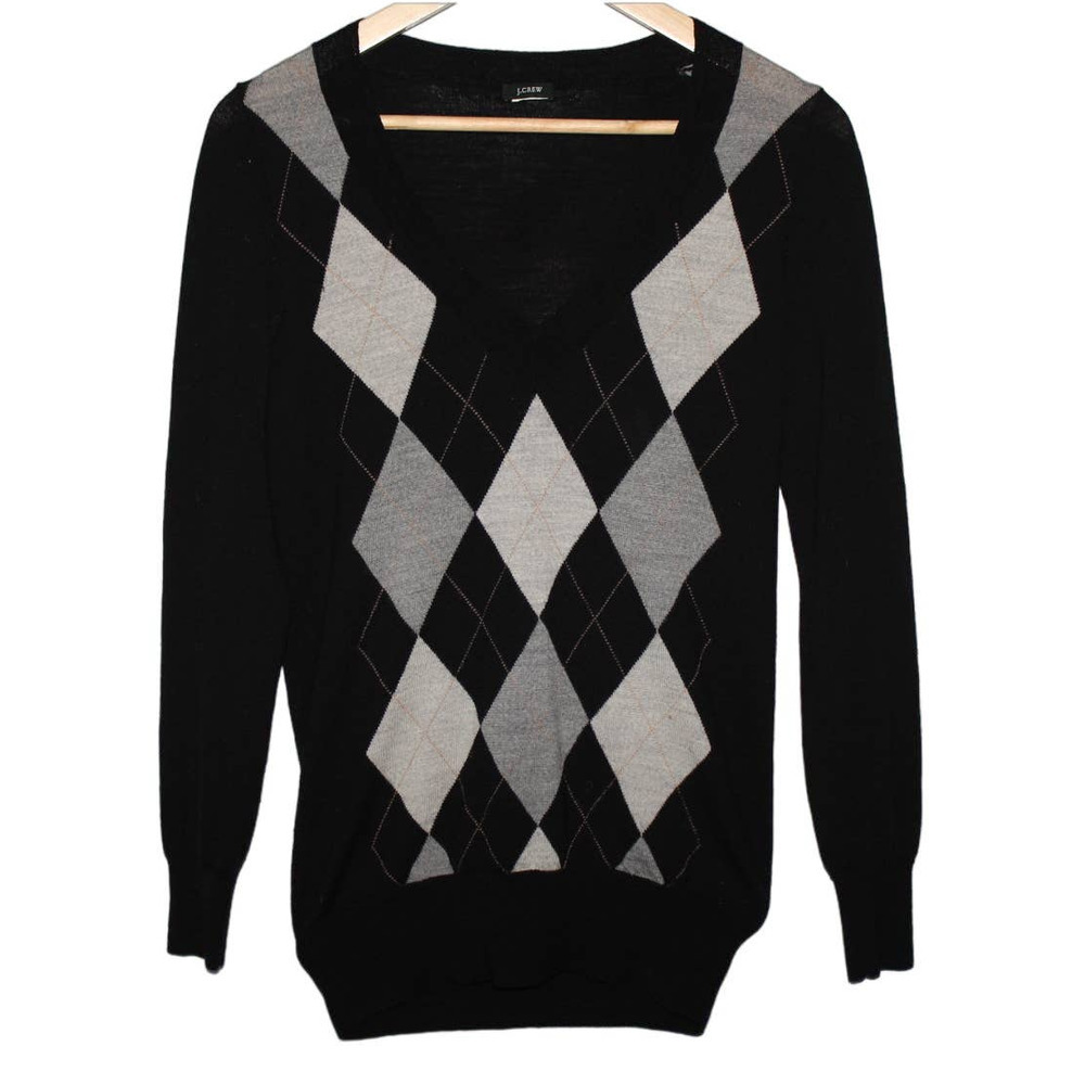Women's J. Crew Black Gray Tan Argyle Pullover V-Neck Sweater Top Size Small S